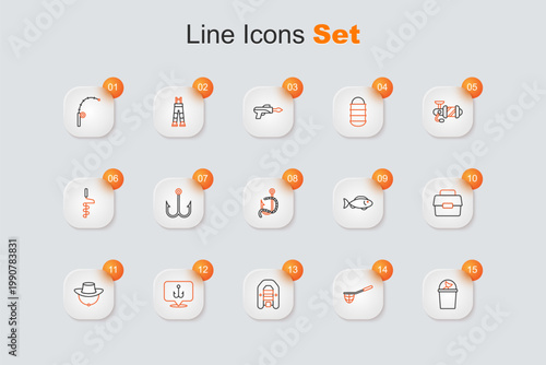 Set line Fisherman hat, Fishing net, Inflatable boat with motor, hook, Dried fish, Case box for fishing, and and worm icon. Vector