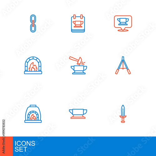 Set line Medieval sword, Blacksmith anvil tool, oven, Air blower bellows, Anvil and hammer, and icon. Vector