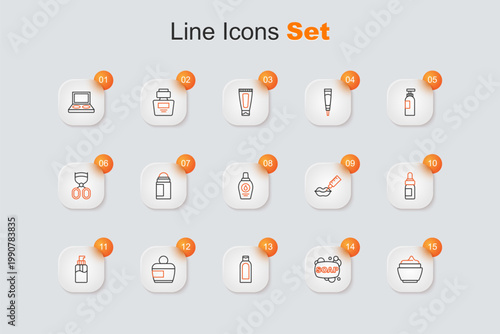Set line Cream or lotion cosmetic tube, Bar of soap, Bottle shampoo, liquid, Essential oil bottle, Lip augmentation and icon. Vector