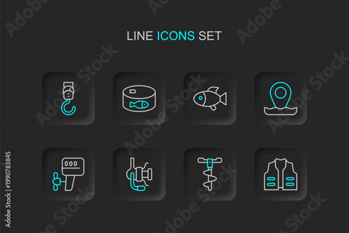 Set line Fishing jacket, Hand ice drill, Spinning reel for fishing, Outboard boat motor, Location, Canned and Spring scale icon. Vector