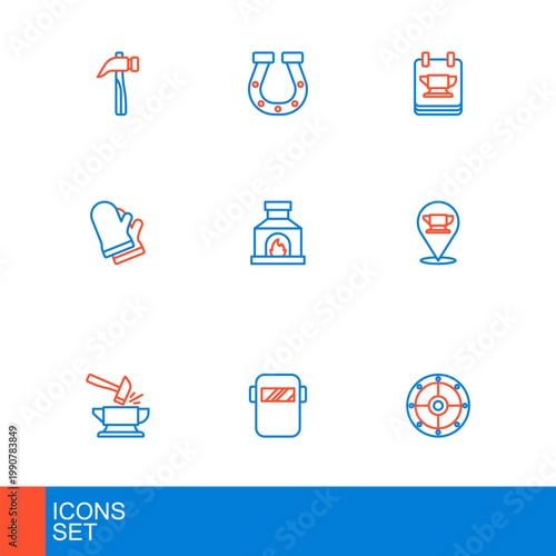 Set line Round shield, Welding mask, Anvil and hammer, Blacksmith anvil tool, Protective gloves, oven, and Horseshoe icon. Vector