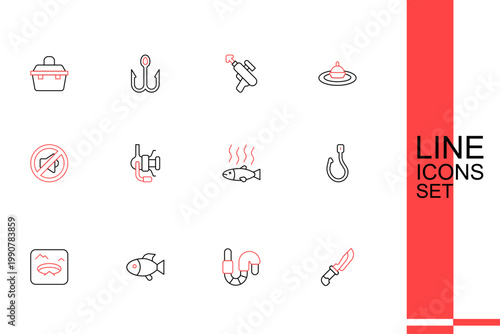 Set line Knife, Worm, Fish, Winter fishing, Fishing hook, Dead, Spinning reel for and Speaker mute icon. Vector