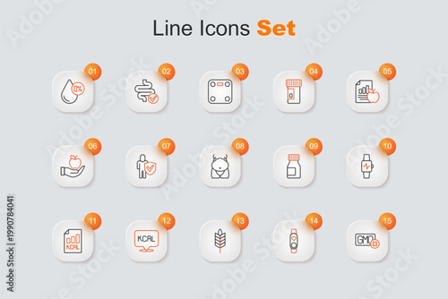 Set line No GMO, Smart watch with heart, Wheat, Kcal, Diet plan, Vitamins and Obesity icon. Vector