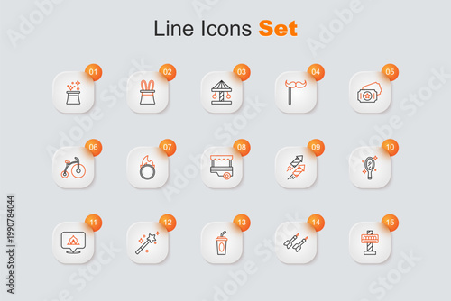 Set line Attraction carousel, Dart arrow, Paper glass with water, Magic wand, Circus tent, hand mirror, Firework rocket and Fast street food cart icon. Vector