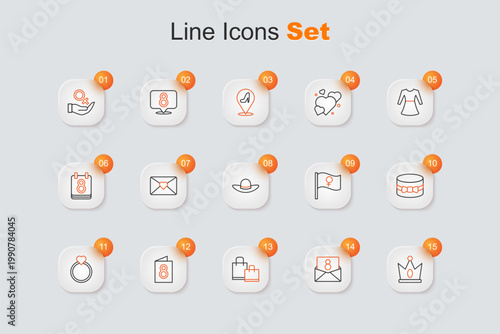 Set line King crown, Envelope with 8 March, Paper shopping bag, Greeting card, Diamond engagement ring, Gift box and heart, Feminist activist and Elegant women hat icon. Vector