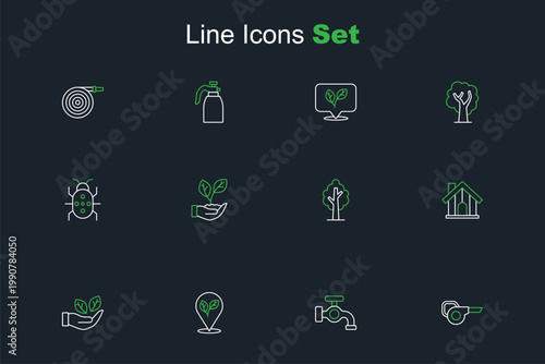Set line Leaf garden blower, Water tap, Location with leaf, in hand, Farm house, Tree, and Colorado beetle icon. Vector