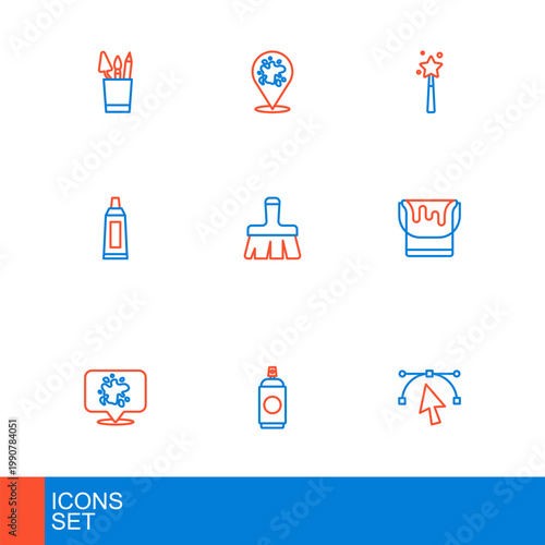 Set line Bezier curve, Paint spray can, bucket, Tube with paint palette, brush, Magic wand and icon. Vector
