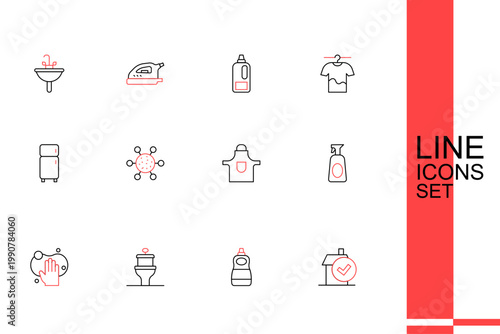 Set line Home cleaning service, Dishwashing liquid bottle, Toilet bowl, Sponge, Cleaning spray with detergent, Kitchen apron, Bacteria and Refrigerator icon. Vector