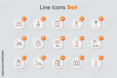 Set line Garden trowel spade or shovel, fence wooden, Pack full of seeds, Lawn mower, sprayer for water, Waterproof rubber boot, Flower and Location with leaf icon. Vector