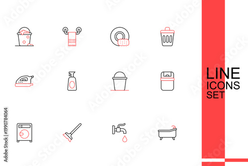 Set line Bathtub, Water tap, Mop, Washer, Trash can, Bucket, Cleaning spray with detergent and Electric iron icon. Vector