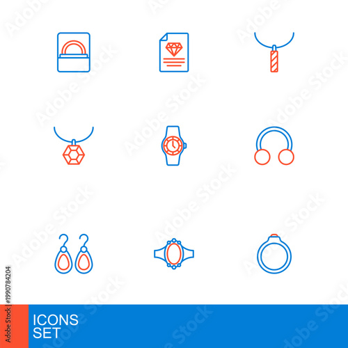 Set line Diamond engagement ring, Earrings, Piercing, Pendant necklace, Wrist watch, and Certificate of the diamond icon. Vector