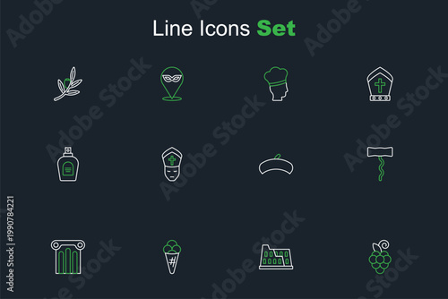 Set line Grape fruit, Coliseum, Ice cream in waffle, Ancient column, Wine corkscrew, French beret, Pope and Perfume icon. Vector
