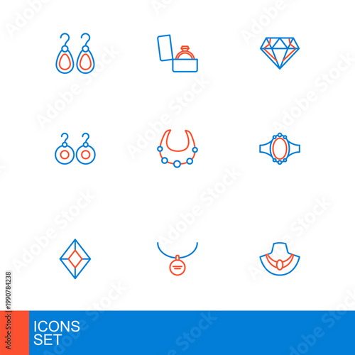 Set line Necklace on mannequin, Locket necklace, Gem stone, Diamond engagement ring, Earrings, and box icon. Vector