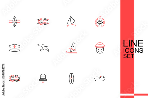 Set line Jet ski, Surfboard, Ship bell, Nautical rope knots, Sailor, Windsurfing, Bird seagull and Captain hat icon. Vector