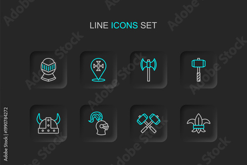 Set line Fleur de lys or lily flower, Crossed battle hammers, Medieval helmet, Viking in horned, Battle, poleaxe, Crusade and icon. Vector