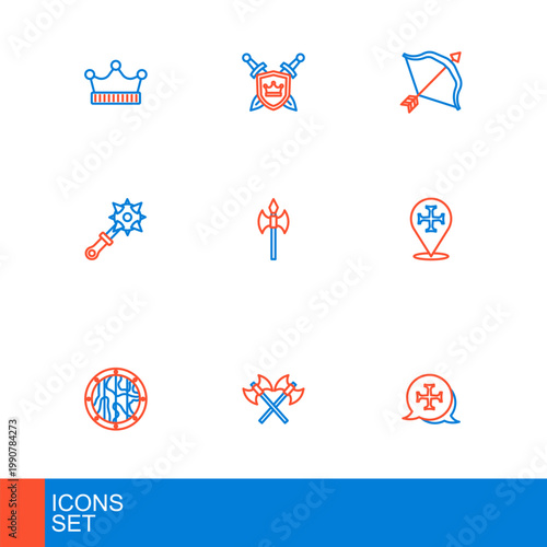 Set line Crusade, Crossed medieval axes, Round wooden shield, Mace with spikes, Medieval, bow and arrow and Shield swords icon. Vector
