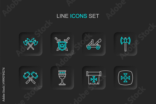 Set line Crusade, Medieval goblet, Crossed battle hammers, poleaxe, catapult, Shield with swords and medieval axes icon. Vector