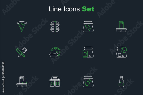 Set line Sauce bottle, Online ordering meal, Coffee cup to go, food, Round the clock delivery and Crossed knife and fork icon. Vector