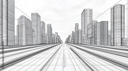 Minimalist cityscape wireframe architecture urban modern street perspective skyline building digital illustration. Minimalist cityscape wireframe architecture with modern urban buildings wide