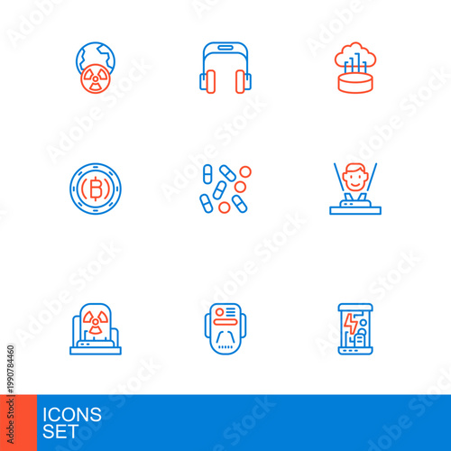 Set line Cryogenic capsules, Radioactive warning lamp, Hologram, Cryptocurrency coin Bitcoin, Medical pill biohacking, Network cloud connection and Headphones icon. Vector