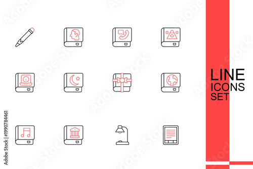 Set line E-Book reader, Table lamp, Law book, Audio, Earth globe and, as gift, Holy of Koran and User manual icon. Vector