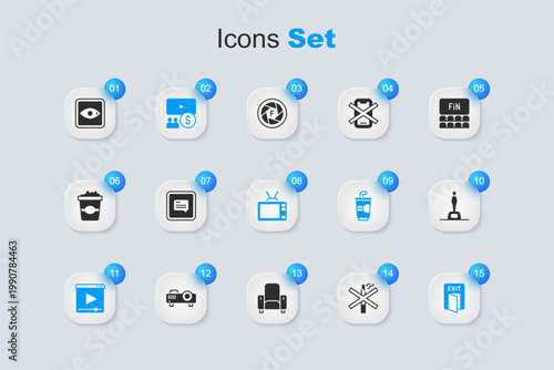 Set No smoking, Video with subtitles, Cinema auditorium screen, Online play video, Fire exit, Movie trophy, Rating movie and Retro tv icon. Vector