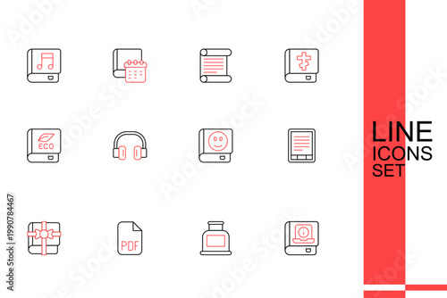 Set line User manual, Inkwell, PDF file document, Book as gift, E-Book reader, Headphones and about ecology icon. Vector