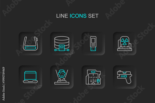 Set line Futuristic weapon, sliding doors, Hologram, Laptop, Radioactive warning lamp, USB flash drive, Cloud database and Smart glasses spectacles icon. Vector