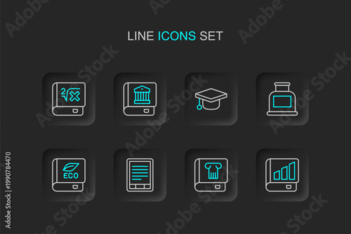 Set line Financial book, History, E-Book reader, about ecology, Inkwell, Graduation cap, Law and with mathematics icon. Vector