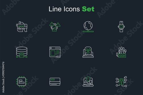 Set line Cyber security, Internet piracy, Credit card, Processor CPU, Mechanical robot hand, Radioactive warning lamp, Browser window and Cloud database icon. Vector