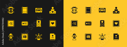 Set Actor star, Video with subtitles, Stereo speaker, No alcohol, Record button, VHS video cassette tape, cell phone and Play icon. Vector