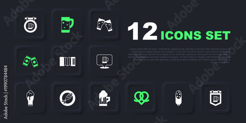 Set Salami sausage, Street signboard with beer, Accordion, Pretzel, Beer can, Dried fish, Glass of and Wooden mug icon. Vector