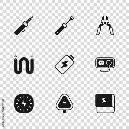 Set High voltage, Electrical outlet, Book about electricity, Battery charge, Pliers tool, Soldering iron, Screwdriver and cable icon. Vector