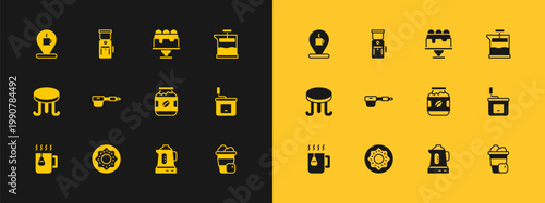 Set French press, Donut, Coffee jar bottle, Electric kettle, filter holder, Cake, Location with coffee cup and grinder icon. Vector
