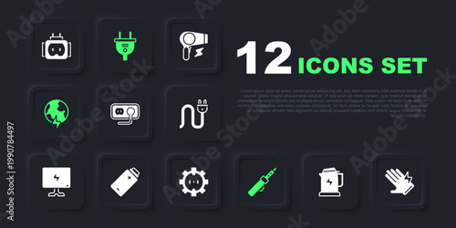 Set Electric kettle, glove, Electrical outlet, Soldering iron, Global planet with thunderbolt, Battery charge, plug and icon. Vector