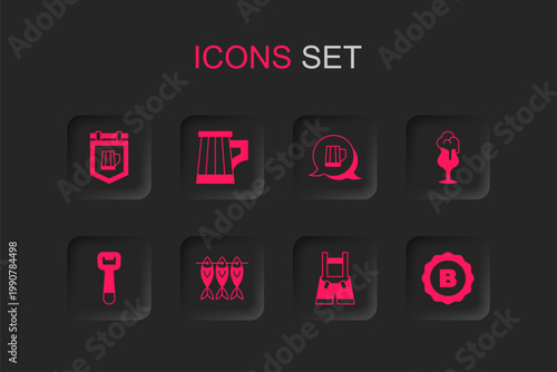 Set Dried fish, Wooden beer mug, Street signboard with, Lederhosen, Glass of, Bottle cap, and opener icon. Vector