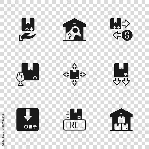 Set Cardboard box with free symbol, traffic, Full warehouse, Carton cardboard, Tax, Delivery hand, Warehouse check and Package fragile content icon. Vector