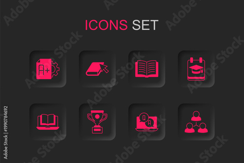 Set Award cup, Online book, Exam sheet with plus grade, Question and Answer, education, class, Open and icon. Vector