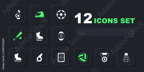 Set Medal, Badminton shuttlecock, Skates, Volleyball ball, Baseball bat with, Whistle, Racing helmet and Football field icon. Vector