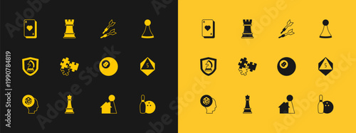 Set Chip for board game, Chess, Billiard pool snooker ball, Puzzle pieces toy, Dart arrow, Playing cards and icon. Vector
