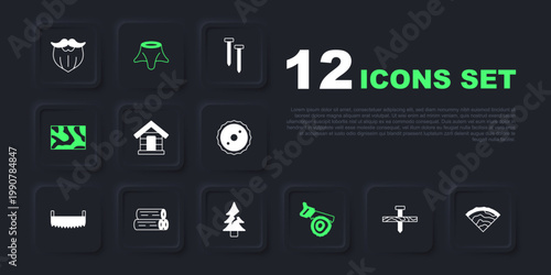 Set Metallic nail, Wooden beam, Dog house, Hand saw and log, Tree stump and icon. Vector