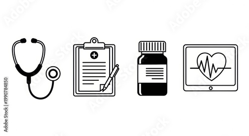 Collection of essential medical and healthcare icons, perfect for representing diagnosis, treatment, and general wellness services with modern design
