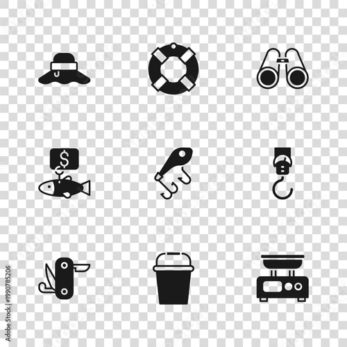 Set Fishing bucket, Spring scale, Electronic scales, lure, Binoculars, Fisherman hat, Lifebuoy and Price tag for fish icon. Vector