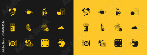 Set Calorie calculator, GMO, Intestines, Bathroom scales, Gluten free grain, Lactose intolerance, Calcium and icon. Vector