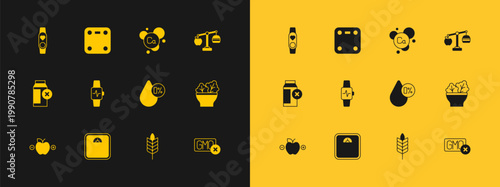 Set Calorie calculator, Bathroom scales, Water balance, Wheat, Smart watch with heart, Calcium, and icon. Vector