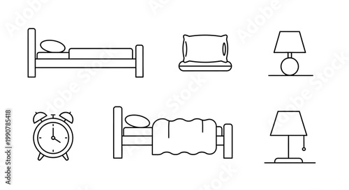 Simple line drawings of bedroom objects.