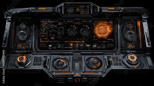 Futuristic control panel dark interface digital display orange accent sci fi dashboard technology spaceship cockpit modern design illuminated high tech environment