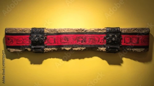 A person's finger gently touches a red ribbon wrapped around a textured object with metal fasteners