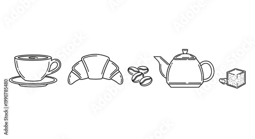 Coffee Cup Croissant Tea Sugar Objects.