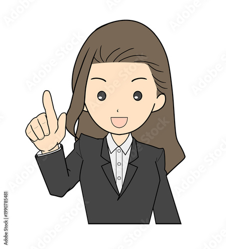スーツを着た指さしポーズの女性のイラスト